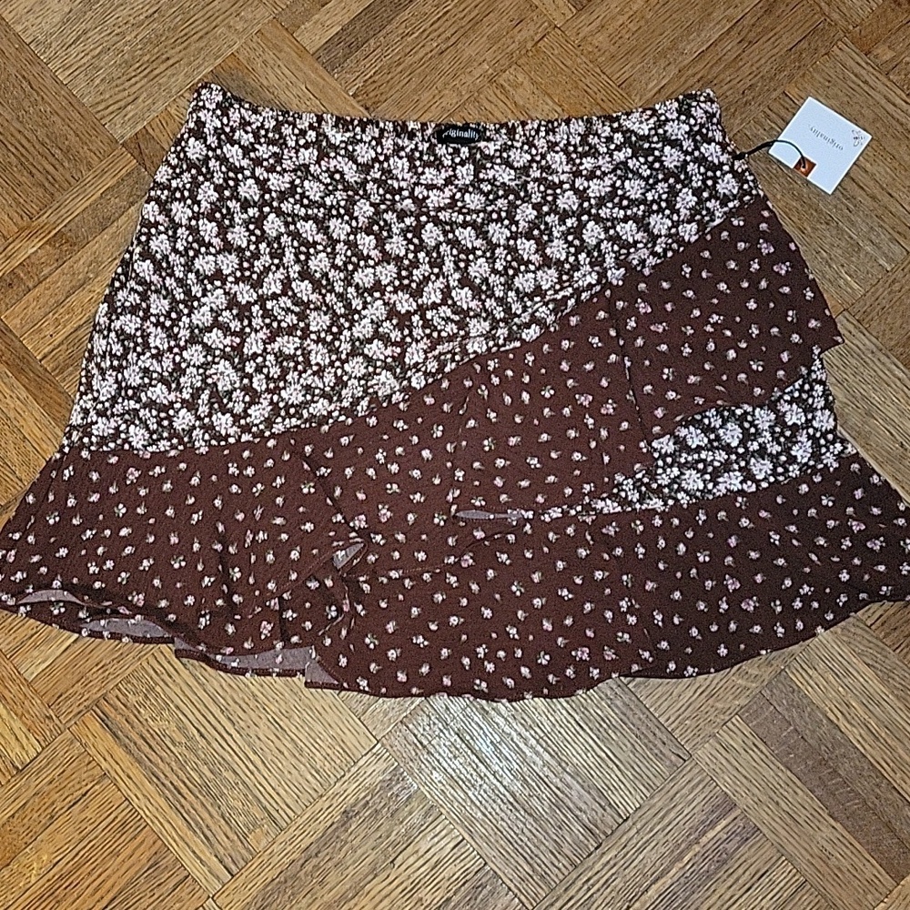 Originality Brown Floral Skirt With Ruffle Accents Large New With Tags